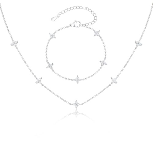 Armband Damen Halskette Damen Schmucksets - 18K Vergoldet Halskette Blume Kette Wasserfest mit Cubic Zirkonia Blumen, Schmucksets für Frauen Gold Silber, Modeschmuck Geschenk für Hochzeit Geburtstag