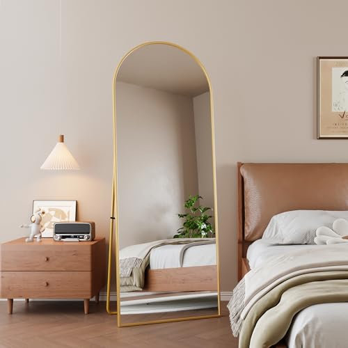 Miroir Arqué 162x53 cm, Minimaliste sur Pied, Grand Miroir de Sol Pleine Longueur, Bombé et Suspendu, Elliptique, pour Chambre Salon Entrée, Doré