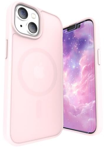 LUNOVATE Hülle für iPhone 14/13, [Anti-Gelb] Magnetische Klare Hülle mit 2 Schutzfolie, Kratzfester Durchsichtig PC Rücken, Bunte Stoßfest für iPhone 14, iPhone 13 - Rosa Matt