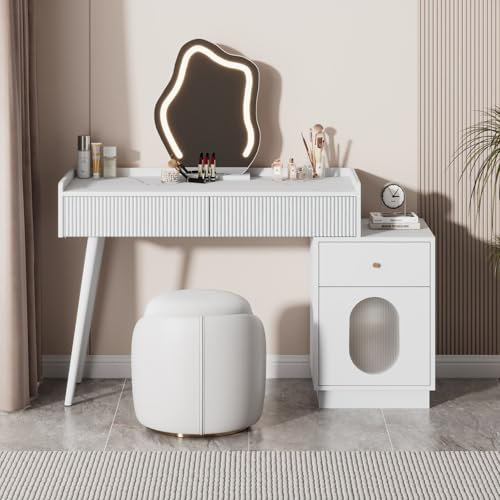 PUGSDRLY Coiffeuse avec Miroir LED,Armoire à Portes Vitrées Coulissantes,Coiffeuse en Bois avec Rangement - 3 Tiroirs,Texture à Rayures 3D,pour Dressing Chambre (L100xP40xH75 cm)