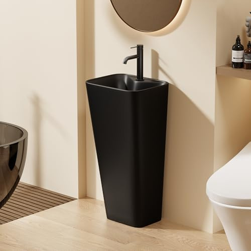 DILECI – Lavabo Totem Noir Rectangulaire et Fin – Lavabo sur Pied Compact en Céramique Mate – Compatible Robinet Mural – Idéal Salles de Bain Modernes, Hôtels, Bars et Espaces Professionnels