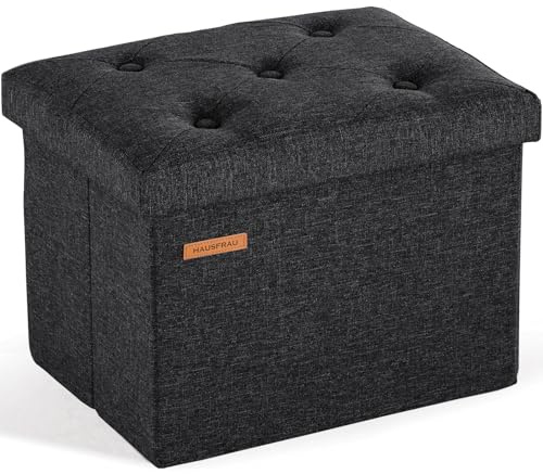 HAUSFRAU Sitzhocker mit Stauraum kleine Sitzbank Hocker klappbar Aufbewahrungsbox, bis 130 kg belastbar, Fußbank für Wohnzimmer Schlafzimmer Flur, 42x31x31 cm, Leinen Schwarz