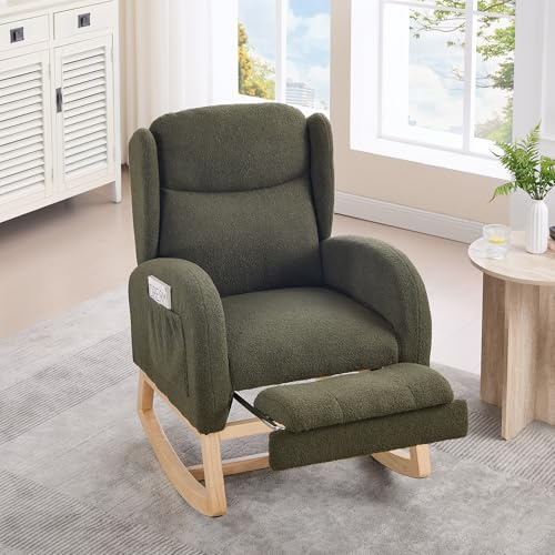 Hommdiy Schaukelstuhl, Stillstuhl, Lounge-Sessel mit Holzgestell, verstellbare Fußstütze, hohe Rückenlehne, Teddy-Stoff, mit Tasche, bequemer Akzentstuhl für Schlafzimmer und Wohnzimmer, Grün
