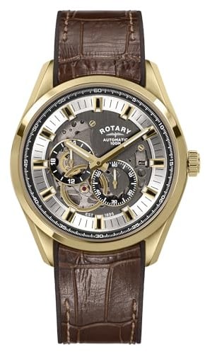 Rotary Men's Seamatic Eclipse 100M Water Resistance Gold Plated Stainless Steel Brown Leather Strap Watch