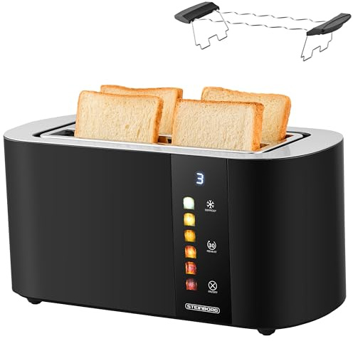 Steinborg® Automatik Toaster 4 Scheiben mit Brötchenaufsatz Langschlitztoaster Automatische Liftfunktion ohne Hebel - Toastautomat Digitales Display Brotzentrierung Restzeitanzeige Abschaltautomatik
