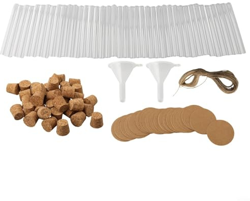 HEBEOT Reagenzglas-Set aus Kunststoff mit Korkdeckel und Papieretiketten, 20 ml Fassungsvermögen, inklusive Hanfseil und Trichtern, 40 transparente Röhrchen für Badesalz, Gewürze, Gastgeschenke, Cra