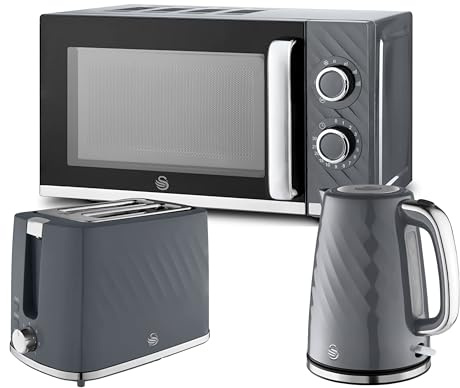 Swan Windsor Grey 3 Piece Kitchen Appliance Set – 1.7L Kettle, 2 Slice Toaster & 20L Microwave (SM4424GRY) – Textured Gloss Finish with Chrome Accents, Contemporary Matching Kitchen Appliances