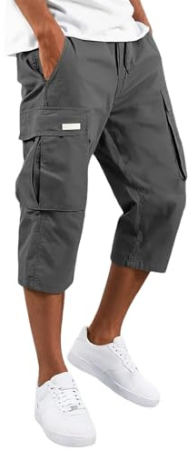 Shorts Homme Bermudas Élastique Sport Militaire Pantacourt Été Léger Court Randonnée Chantier Travail Cordon Serrage Taille Multi-Poches Utilitaires Décontractés Jeunes Short,Gris,XL