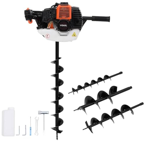 Kaloriko Taladro de tierra de 52 cc con motor de gasolina, 3 brocas de hierro de 100/150/200 mm, taladro manual con mango amortiguador de vibraciones, broca naranja para jardín, postes de vallas