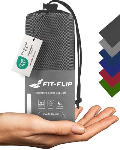 Fit-Flip Hüttenschlafsack Ultraleicht, Mikrofaser Schlafsack Inlay mit extra Kissenfach, Inlett Schlafsack seidig weich, Reiseschlafsack als auch Innenschlafsack, Stahlgrau