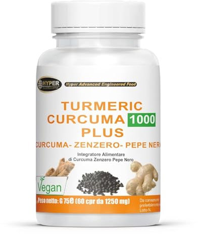 Hyper Turmeric Curcuma e Piperina Plus 1000mg - Formula con Curcumina, Piperina e Zenzero ad Alto Dosaggio - Antiossidante e Antinfiammatorio Naturale. 60 Compresse Made in Italy