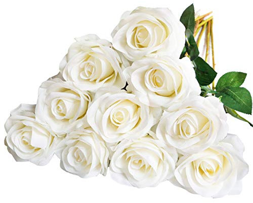 DuHouse 10 rose finte in seta artificiale, bouquet fiori di rosa, con steli lunghi per organizzare matrimoni centrotavola,per la casa decorazione della cucina giardino (bianco sporco lungo stelo)