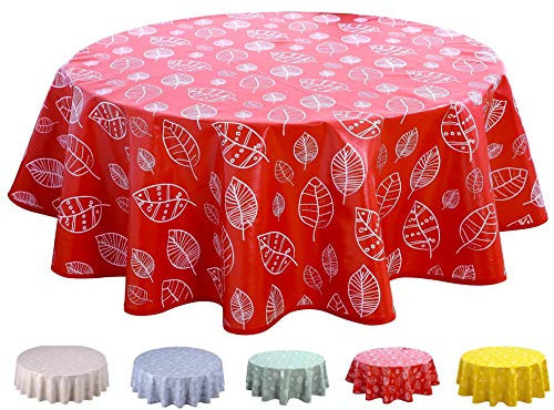 Home Direct Wachstuch Tischdecke Abwaschbar 160cm Blätter (Rund 160cm, Rot)