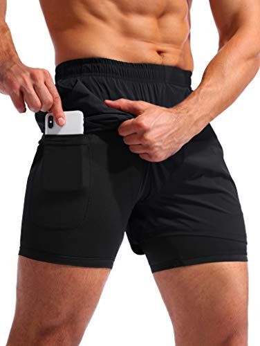 Pudolla Short de Course 2 en 1 pour Homme avec Poches pour téléphone - Séchage Rapide - 12,7 cm, Noir, M