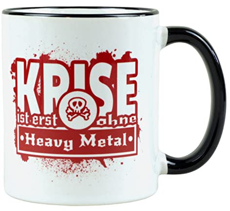 Fördeblau Heavy-Metal Kaffeebecher 'Krise ist erst ohne Heavy Metal' | Grunge Design | Schwarzer Rand | 330 ml | Humorvolle Rocker Tasse