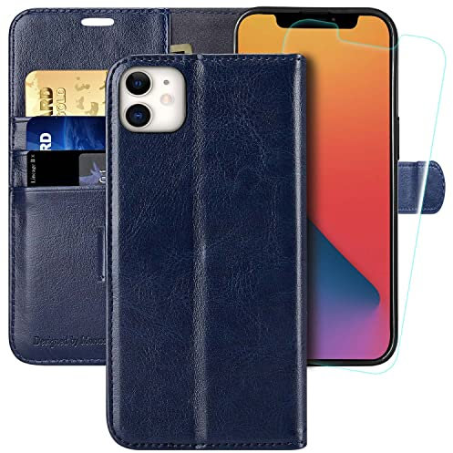 MONASAY Wallet Case for iPhone 12 Pro/iPhone 12 5G,6.1-inch[Glass Screen Protector Included] [RFID Blocking] Flip Folio Leather Cell Phone Cover with Credit Card Holder for iPhone 12/12 Pro,Blue
