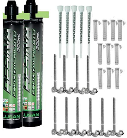 Bricoloco Kit Ancoraggio Chimico Professionale Epossidico | Tassello chimico e accessori | Kit professionale 2 Tasselli chimici 300 ml+5 Ugelli+10 Setacci (12x80)+10 Asparagi (8x100)