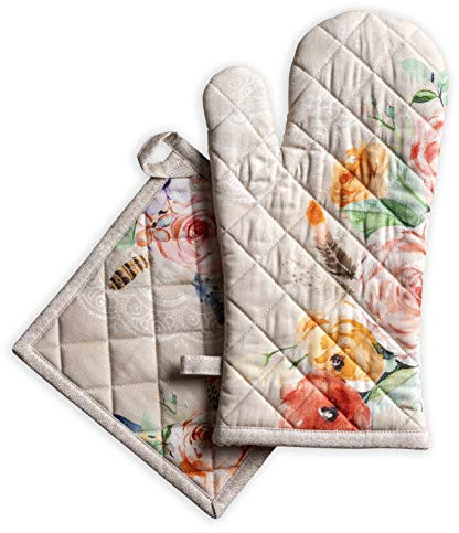 Maison d' Hermine Ibiza - Beige Ensemble de Gants de Four de (19cm x 33cm) et maniques de (20cm x 20cm), 100% Coton, pour Barbecue, Cuisson, Four, Micro-Ondes, grillades, Printemps/été, Pâques