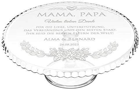 Maverton Kuchenplatte mit Gravur - personalisiert - Tortenständer mit Fuß - Geschenkidee für Hobbybäckerin & Naschkatze - Geburtstagsgeschenk für Paare - Blumen