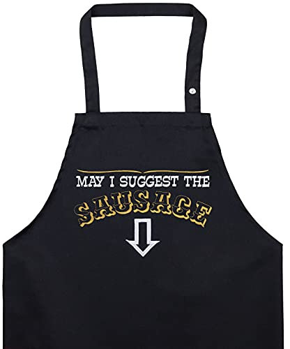 EXPRESS-STICKEREI BBQ Grillschürze - Lustige Kochschürze für Grillfans - Verstellbare Latzschürze für Männer/Frauen - Küchenschürze mit Spruch May I suggest the sausage