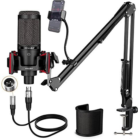 Microfono a condensatore XLR, microfono professionale per registrazione da studio per PC computer,Kit di microfono cardioide Podcast con braccio braccio,Microfono da gioco per streaming, ASMR, canto,