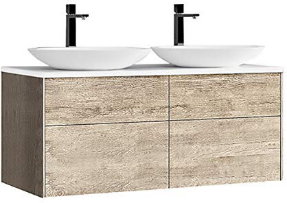 StoneArt Badmöbel Set Mineralguss Waschbecken Waschschale Aufsatzwaschbecken und Unterschrank Waschtisch Einzel- oder Doppelwaschbecken Venice VE-1200pro-3 Eiche hell 120cm