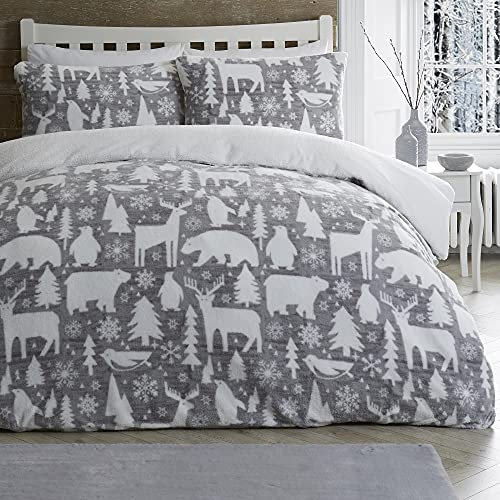 Fusion Arctic Animals Duvet Cover Single Bed Teddy Fleece Winter Bedding (140x200cm) – 1 Pillowcase – Polar Bear, Deer & Penguin Design – Soft Christmas Decorations