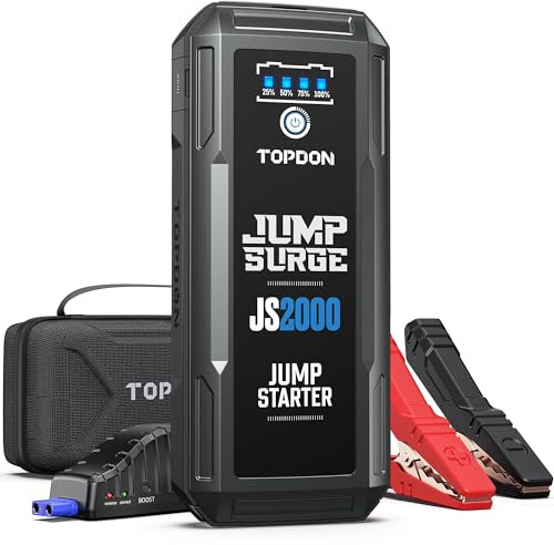 TOPDON JS2000 Auto Starthilfe Powerbank, 2000A 16000mAh Jump Starter für bis zu 8,0-Liter-Benzin- oder 6-Liter-Dieselmotoren, 12V-Starthilfe mit LED-Taschenlampe/USB-Anschluss