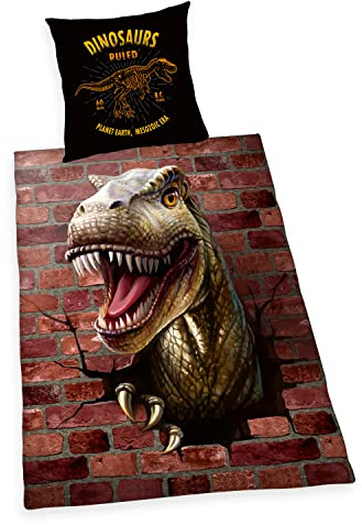 Herding Dino 3D Bettwäsche, Kopfkissenbezug ca. 70x90 cm, Bettbezug ca. 140x200 cm, mit leichtläufigem Markenreißverschluss, 100% Baumwolle, Renforcé