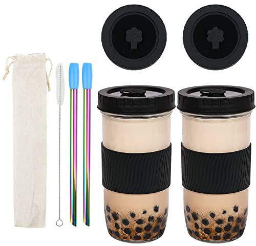 Lre Co. Lot de 2 tasses à boire avec paille, tasse à thé à bulles 730 ml tasses avec 2 couvercles et pailles tasse à smoothie réutilisable tasse à boire ensemble de sirop tasse à cocktail (Noir)