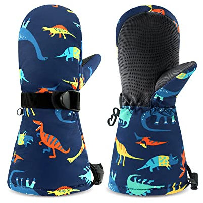 SEYUFN Kinderhandschuhe Winter Thermal Warm Jungen Skihandschuhe Mädchen Fleece Wasserdichtes Futter Bebe Verstellbarer Kinder Sport Handschuhe 1-6 Jahre(Dinosaurier Marine-Orange,2-4 Jahre)