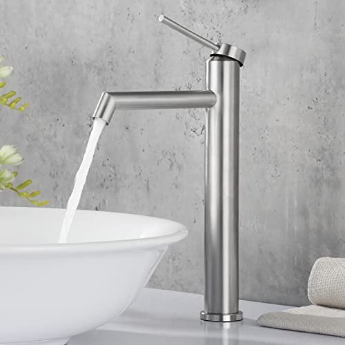 SHANFO Wasserhahn Bad Hoch Waschtischarmatur Einhebel-Mischbatterie Badarmatur Waschbecken Badezimmer Kaltes und Heißes Wasser Vorhanden,Edelstahl Gebürstet Matt,M2OK-T