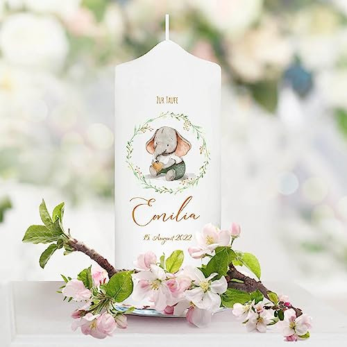 Wandtattoo Loft Taufkerze Junge oder Mädchen Motiv Elefant, 18cm x 7cm, personalisierte Kerze, bedruckte Kerze zur Taufe, Stumpenkerze, individuelles Taufgeschenk