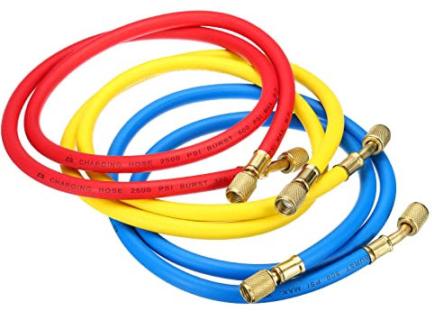 PATIKIL 1/4 SAE Réfrigérant Chargement Tuyau Trousse, 3.9ft 500PSI HVAC Tuyau pour Climatisateur Collecteur Gauge Réfrigération Maintenance,Rouge, Jaune, Bleu
