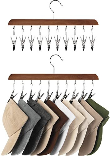 StorageWorks Hat Organiser, Wooden Hangers for Baseball Cap Storage, Set of 2 Cap Organizer with Adjustable Stainless Steel Clips, Fits All Caps, Hat Storage Racks for Closet, Natural Walnut Colour