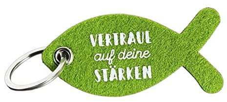 BUSDUGA 4266 Schlüsselanhänger Fisch 8x4cm grün (Gott ist stets bei dir) und (Vertraue auf deine Stärken), Taschenanhänger Glücksbringer, (Vertraue auf deine Stärken)