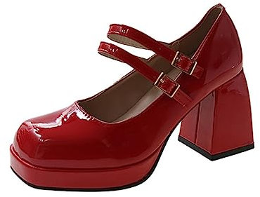 Womens Platform High Heel Leather Mary Janes Shoes Sweet Toe Ankle Lolita Gothic Platform Dress Pumps Shoes Chunky Platform Shoes Patent Leather Dress Shoes