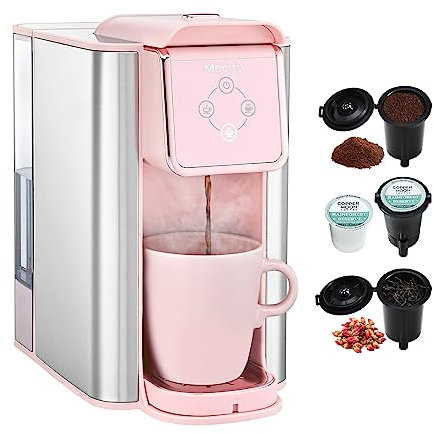Mecity Cafetera rosa 3 en 1 de una sola porción, para cápsulas de café de fondo plano, café molido, taza de 6 a 10 onzas, depósito de agua extraíble de 50 onzas, 120 V y 1150 W