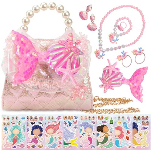 Meerjungfrau Handtasche Mädchen, Verstellbarem Kleine Umhängetasche, Geldbeutel mit Anzieh-Schmuckset, Kinder Crossbody Bag, Geburtstagsgeschenk Ostergeschenke Weihnachtsgeschenke für Mädchen