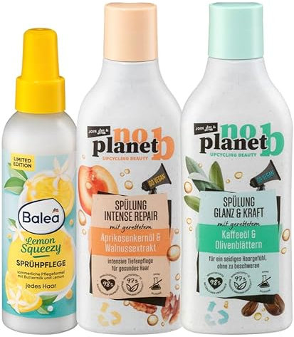 Balea x no planet b 3er-Set Haarpflege: Sprühkur LEMON SQEEZY (150 ml) + Conditioner INTENSE REPAIR Tiefenpflege mit Aprikosenkernöl (300 ml) + Haarspülung GLANZ & KRAFT mit Kaffeeöl (300 ml), 750 ml