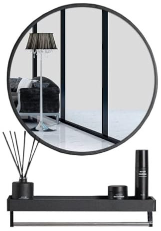 NMK HOME Runder Spiegel 60 cm - Dekorative Wandspiegel mit Schwarz Rahmen und Ablage für Badezimmer, Waschtisch, Wohnzimmer und Schlafzimmer