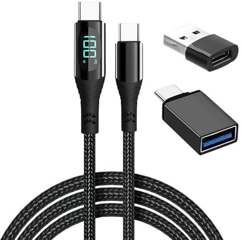 2M USB C to USB C Charger Cable 100W Fast Charging Cable Type C Data Lead with LED Display Braided USB C Charger Cable with 2PCS Type C Adapters Compatible with iPhone 15 Macbook Pro Samsung Galaxy