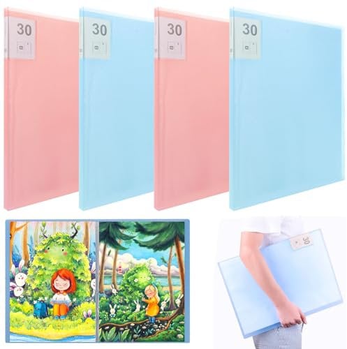 MUXHEL 4PCS A3 Diamond Art Folder 42x30 cm Diamond Art Storage Book with 30 Sleeves Protectors a3 Diamond Painting Storage Book for Painting Presentation-Blue+Pink