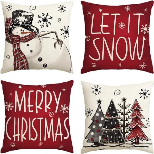Weihnachten Dekoration Weihnachtskissen Weihnachtskissenbezug 45x45 Weihnachts Kissen 4 Pcs Christmas Kissenhülle Pillow Covers Decoration Innen Kissenbezüge Let it Snow Xmas Geschenke für Frauen