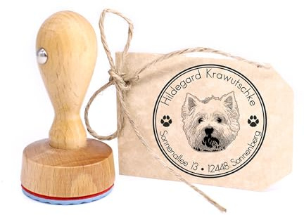 Dekolando Stempel personalisiert West Highland White Terrier Hund Hunde rund 40mm Adressstempel Holzstempel Namensstempel Adresse Familienstempel Buchstempel