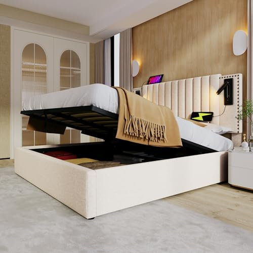 Kayan Polsterbett 160x200cm, Boxspringbett mit hydraulisches Bettkasten, Bett mit Lattenrost, Leselicht mit USB Ladefunktion Kopfteil, Stauraumbett Doppelbett Jugendbett (Beige, 160x200cm)
