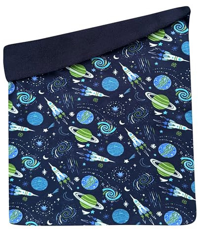 Wollhuhn Kinder Long Loop MAXI WINTER Halswärmer/Schlupf-Schal Extra Lang Jungen/Mädchen Viele Motive 20240201 (LL, Fleecefutter) (Space/Rakete Dunkelblau)