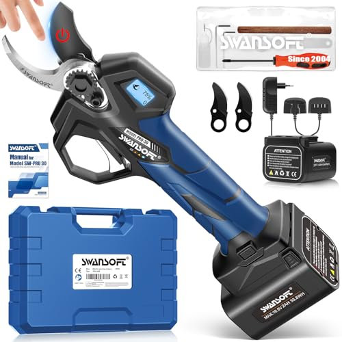 【2025 Potatura Pro Delle Viti】 SWANSOFT PRU30 Forbici Potatura a Batteria, Professionali 30mm 850W 16,8V 4+2Ah Cesoi a Batteria per Potatura Forbice Elettrica Forbici Elettriche, Blu
