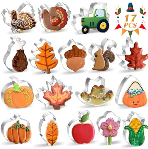 Ausstechformen für den Herbst, 17-teilig, Edelstahl, Thanksgiving-Ausstechformen-Set, Formen von Kürbis, Ahornblatt, Truthahn, Eichhörnchen, , Süßigkeiten, Mais für Urlaub, Party, Kekse, Cupcake