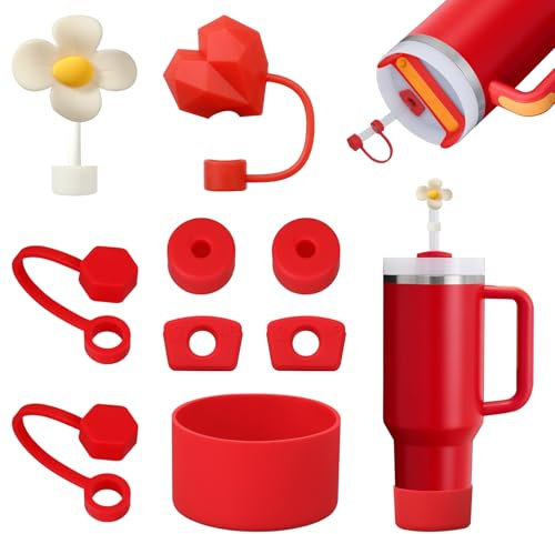 FOSFUKEER Juego de accesorios Stanley Cup, incluye 6 tapones de silicona a prueba de fugas, 2 tapas de paja, 1 funda de silicona para vasos Stanley de 1,2 l y 850 ml, tazas no incluidas (chile)